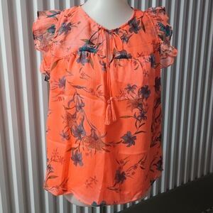CeCe Vibrant Floral Ruffle Sleeve Blouse - Orange and Blue